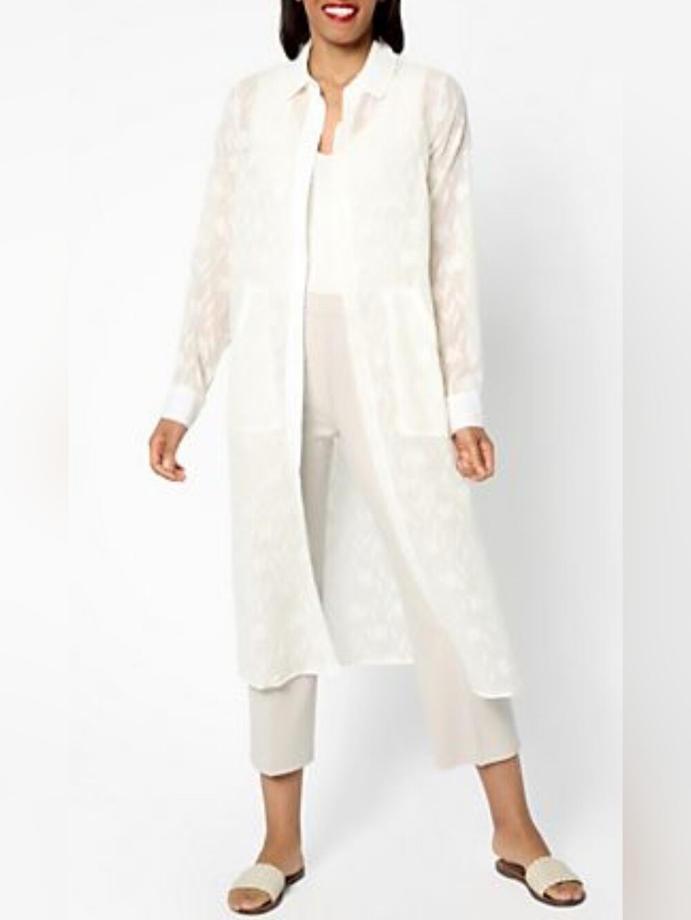 Cream Long Button-Down Sheer Midi Duster Shirt Topper. Sz. 1x. NWOT.
